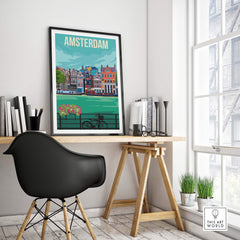 Amsterdam vintage print poster displayed in a stylish home office with a black chair and wooden desk.