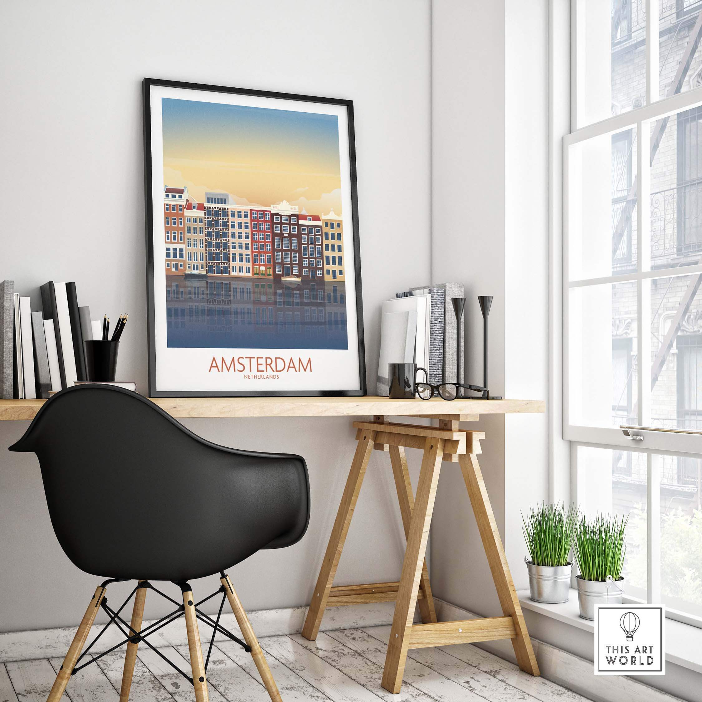 Amsterdam wall art print displayed in a stylish workspace with natural light and modern decor.