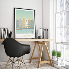 Amsterdam Print displayed in modern home office with stylish chair and wooden desk, inspired by vintage travel art.