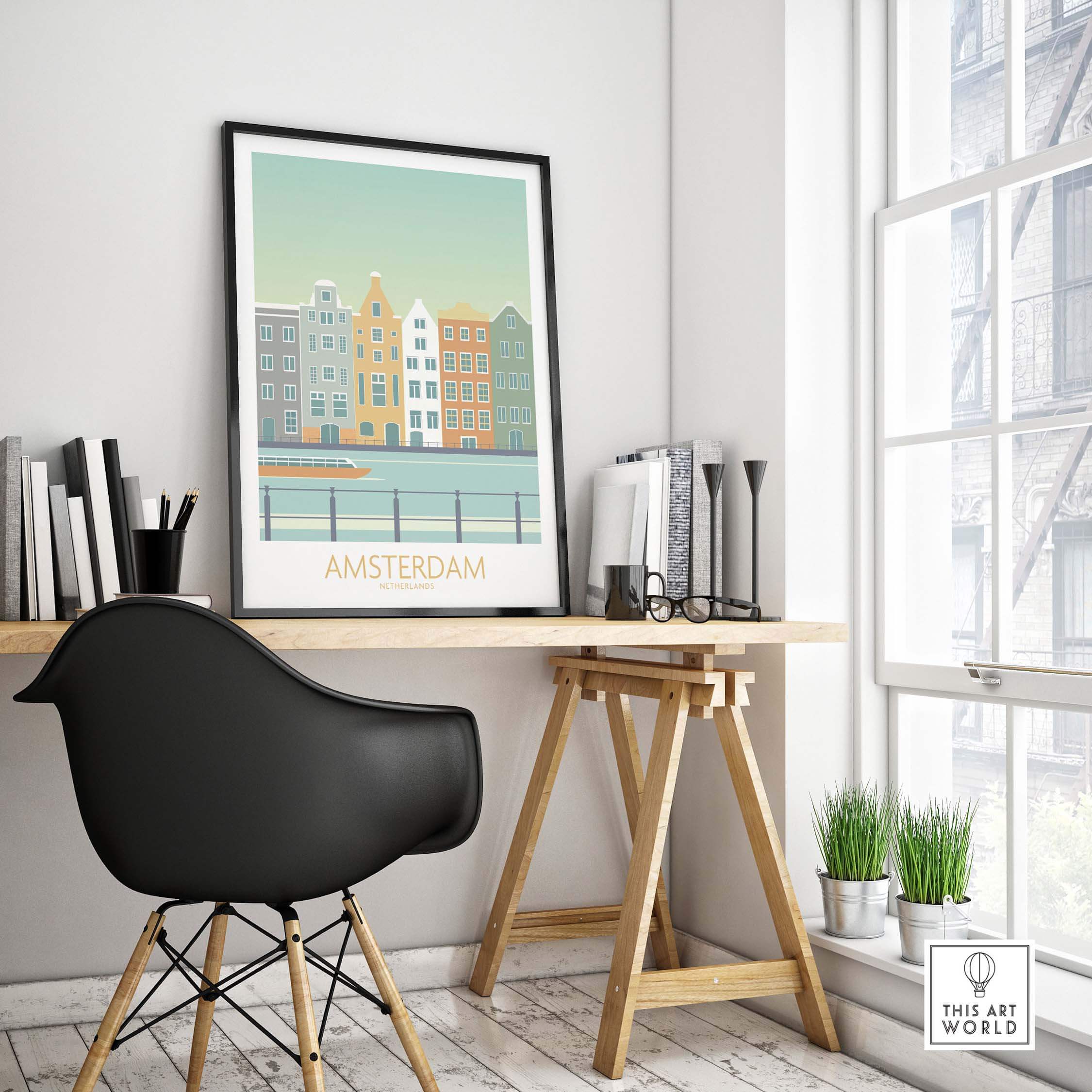 Amsterdam Print displayed in modern home office with stylish chair and wooden desk, inspired by vintage travel art.