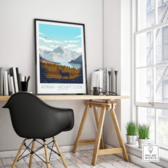 Mount Cook Aoraki poster displayed in a stylish workspace, featuring vintage art and natural scenery.