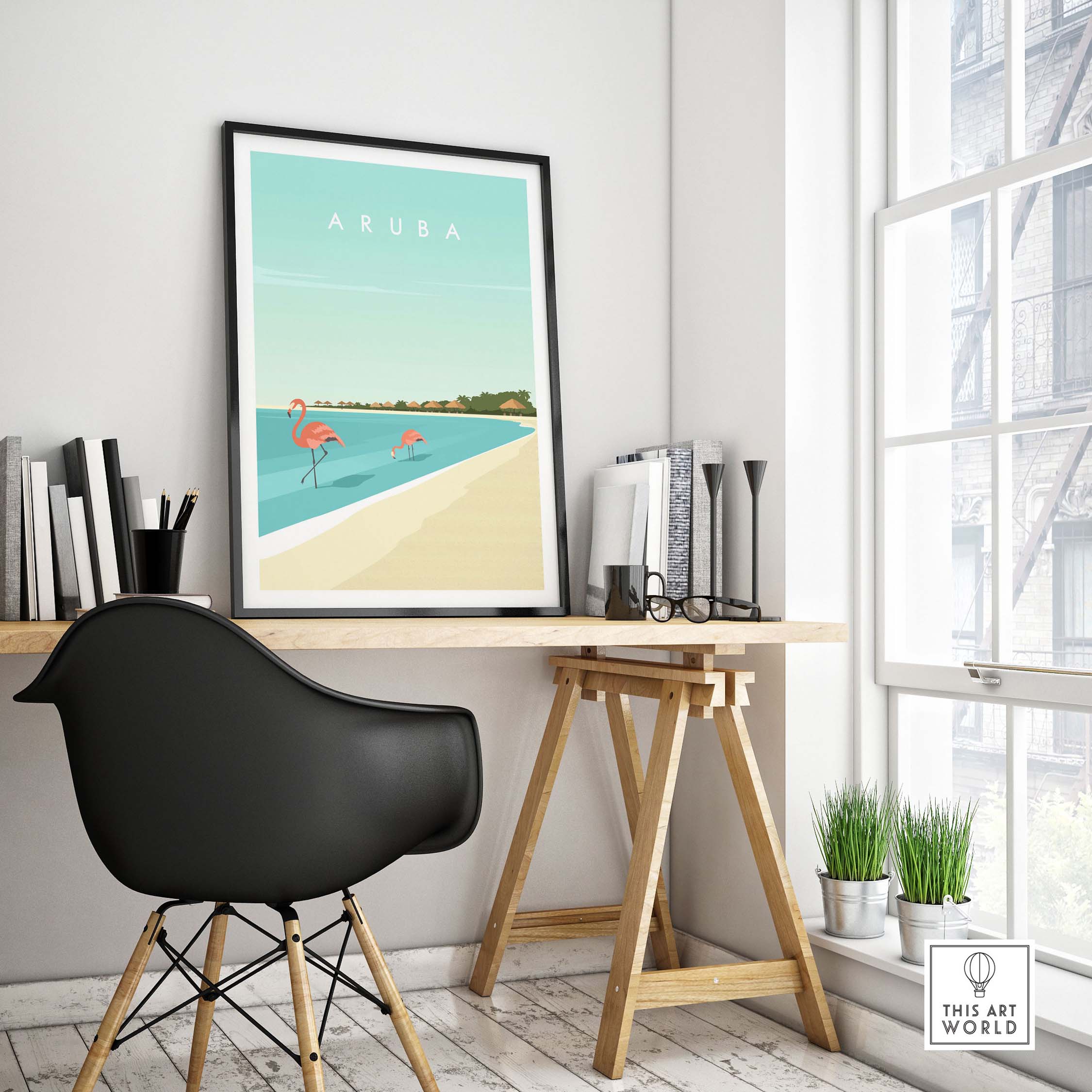 Aruba wall art print featuring flamingos, styled in a modern workspace with minimalist decor.