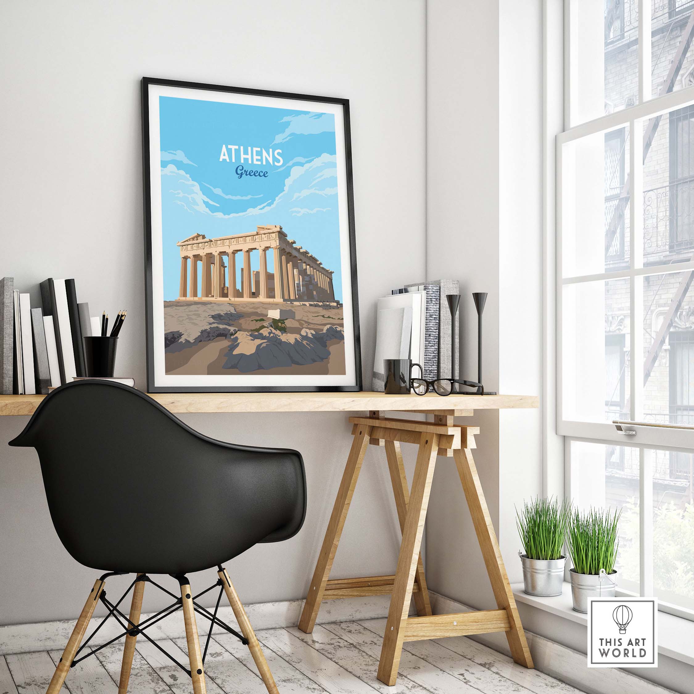 Athens Greece Art Print featuring the Parthenon in a minimalist design, perfect for home or office decor.