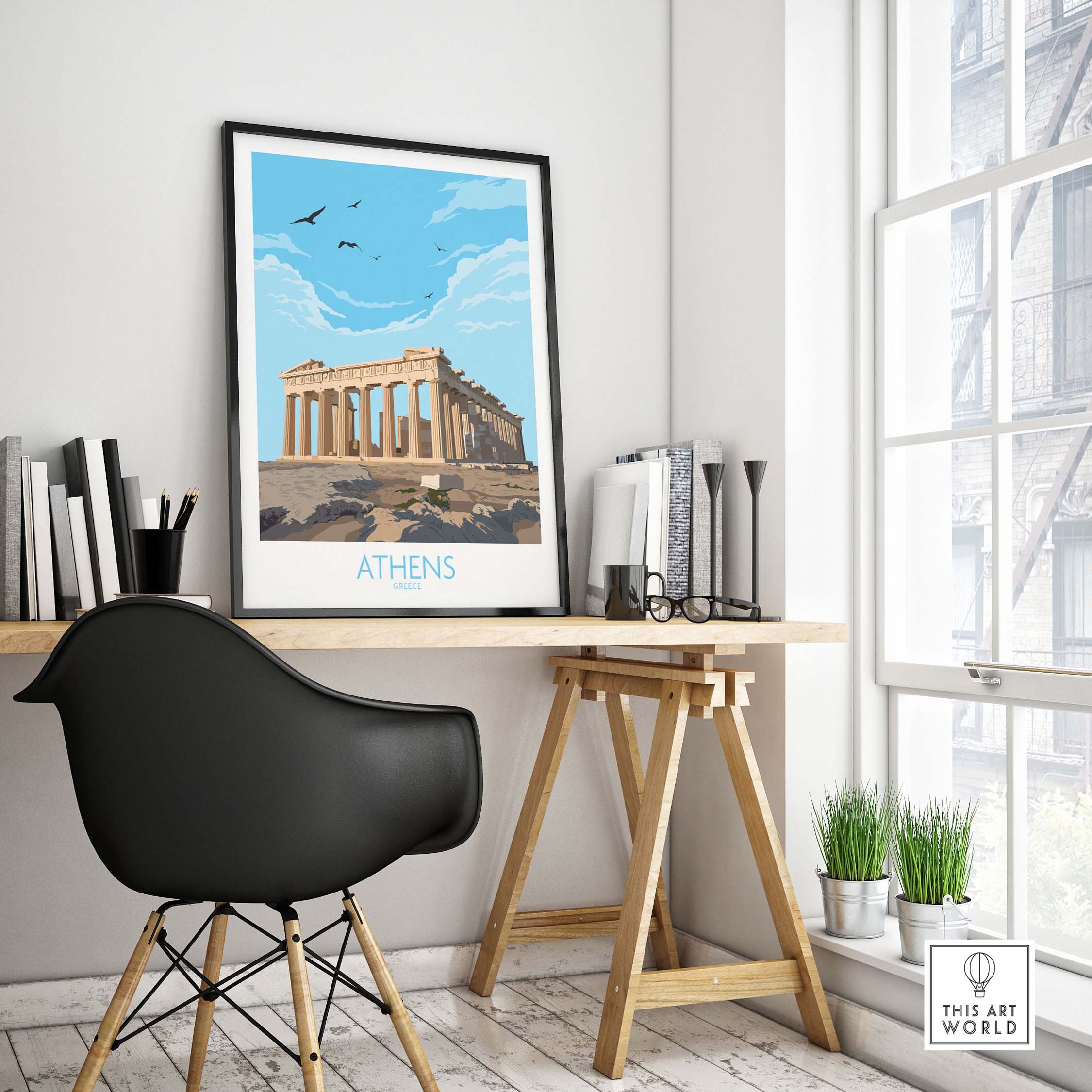 Athens Greece wall art poster featuring the Acropolis in a minimalist style, perfect for home or office decor.