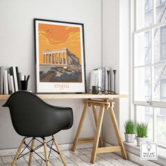 Athens poster featuring the Acropolis, perfect for Greece travel decor, framed in a stylish home office setting.
