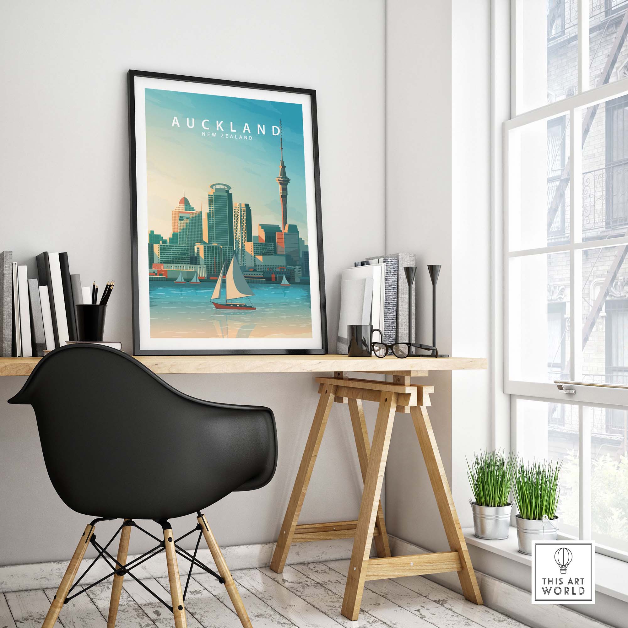 Auckland Travel Poster Print displayed in a stylish home office setting, featuring a minimalist design and vibrant colors.