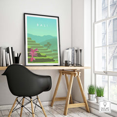 Bali Print Wall Art Poster displayed in a modern home office setting with green hues and tropical elements.