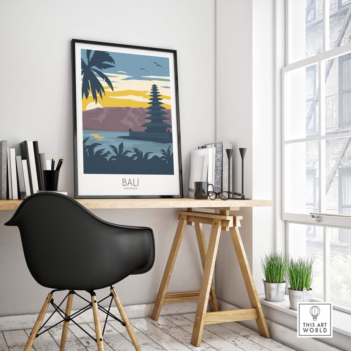 Bali Travel Poster displayed in a stylish workspace, featuring vibrant colors and tropical design elements.