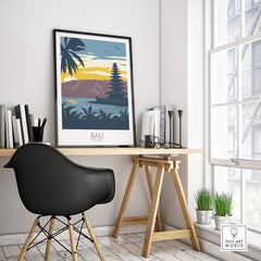 Bali Travel Poster displayed in a stylish workspace, featuring vibrant colors and tropical design elements.