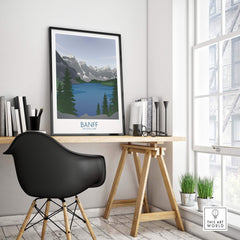 Banff National Park art print displayed in a modern office setting with minimalist decor and natural light.