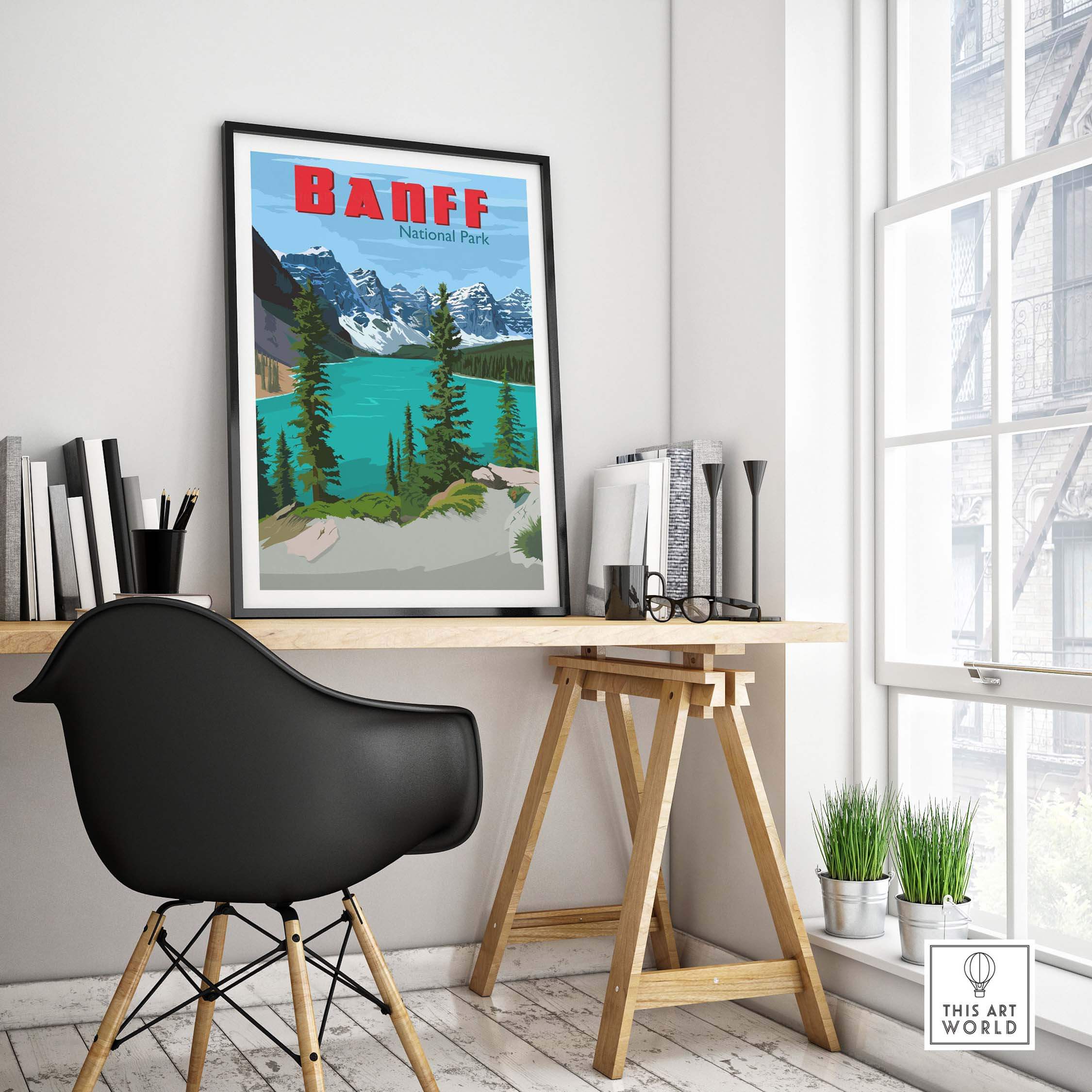 Vintage Banff National Park poster print displayed in a stylish home office setting with modern furniture.