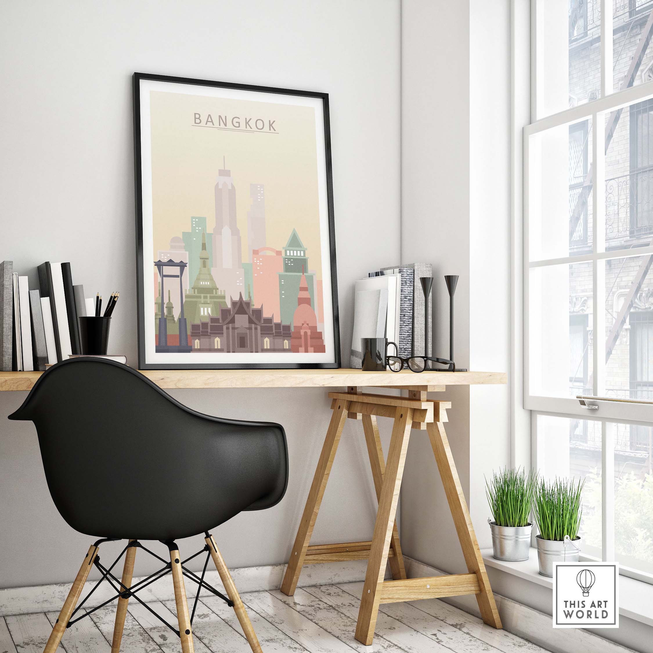 Bangkok skyline poster print featured in a modern home office setting, highlighting architectural beauty in pastel tones.