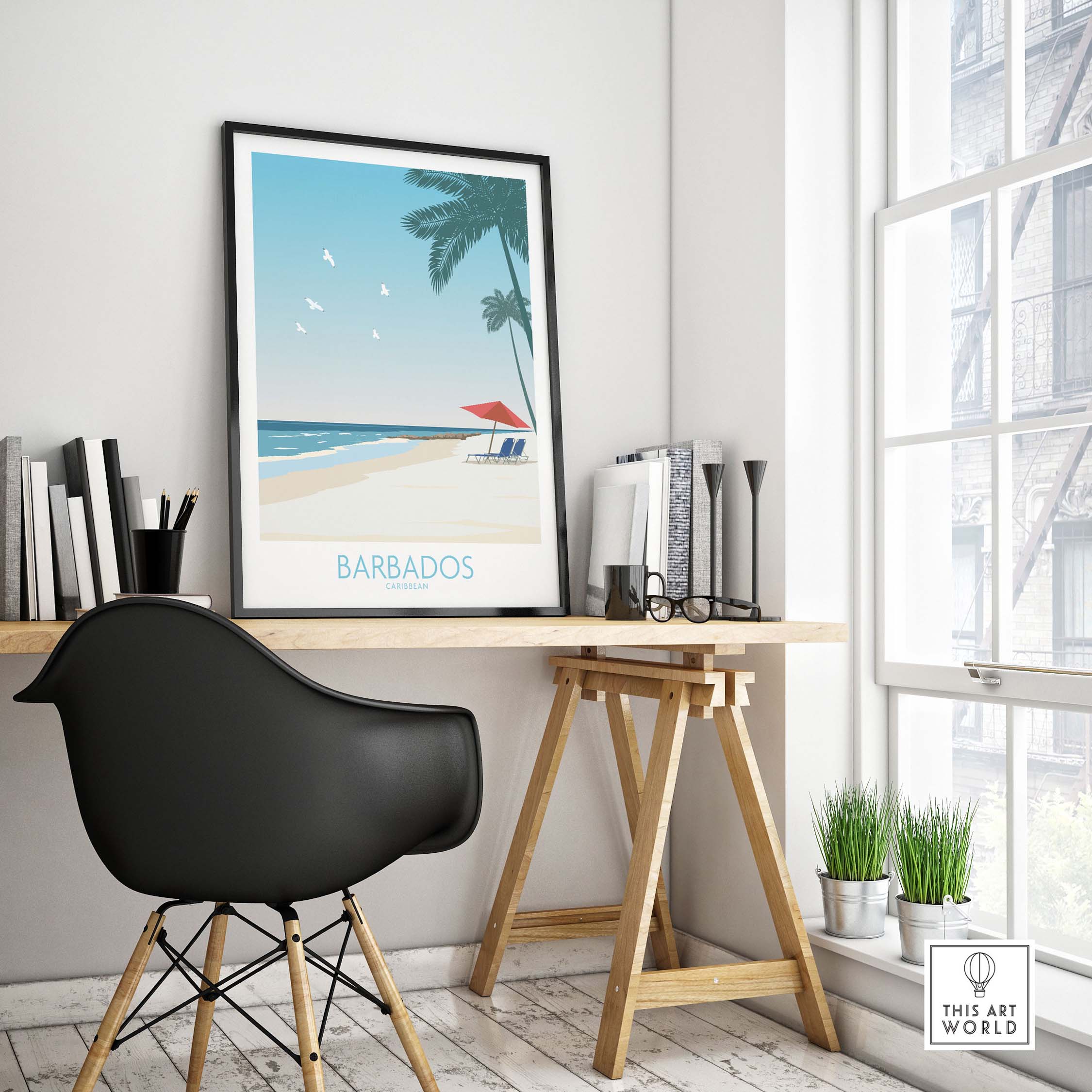 Barbados travel poster print displayed in stylish home office setting, evoking wanderlust and vintage charm.