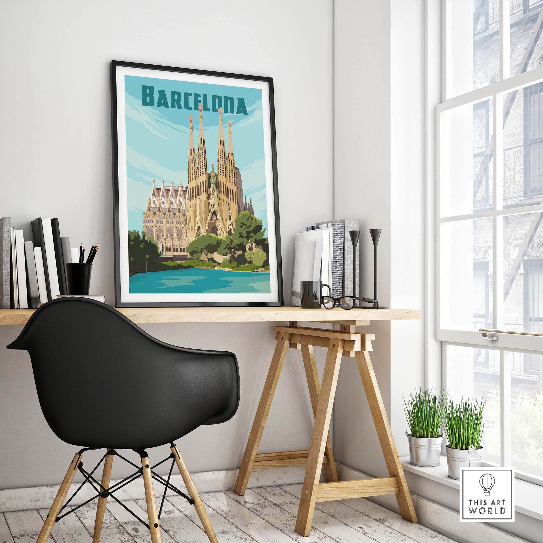 Barcelona vintage print poster featuring Sagrada Familia displayed in a modern office interior.