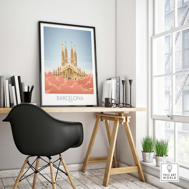 Barcelona wall art print featuring Sagrada Familia, styled in a modern workspace with natural light and decor.