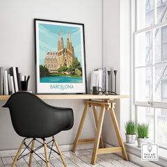 Barcelona vintage travel poster featuring Sagrada Familia in a stylish home office setting.