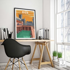 Bath England print wall art displayed in a stylish office setting, evoking nostalgia and wanderlust.