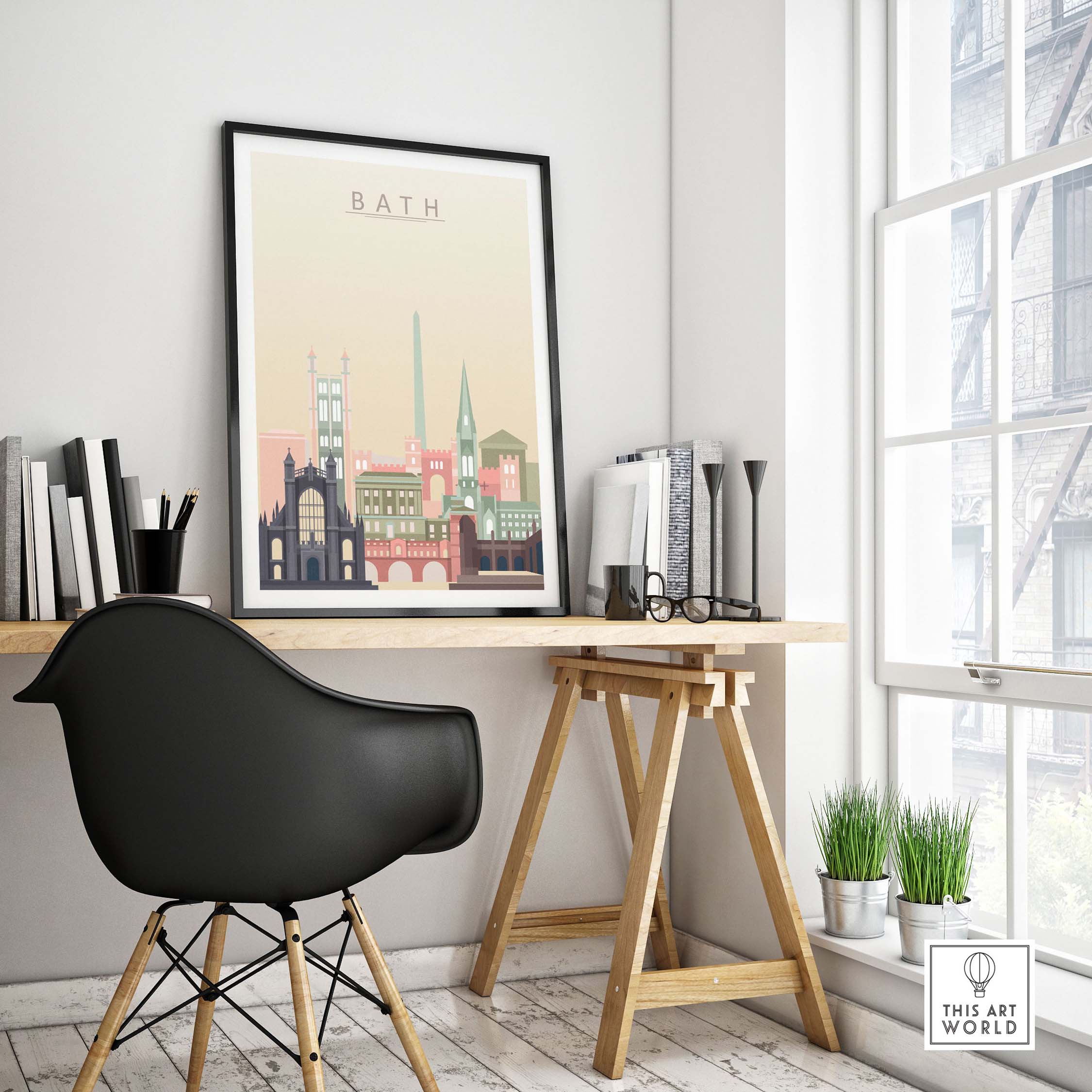 Bath England skyline poster in pastel tones displayed in a chic office setting with modern decor.