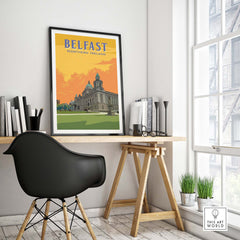 Belfast Print Northern Ireland hanging in a stylish office setting, inspired by vintage travel posters.
