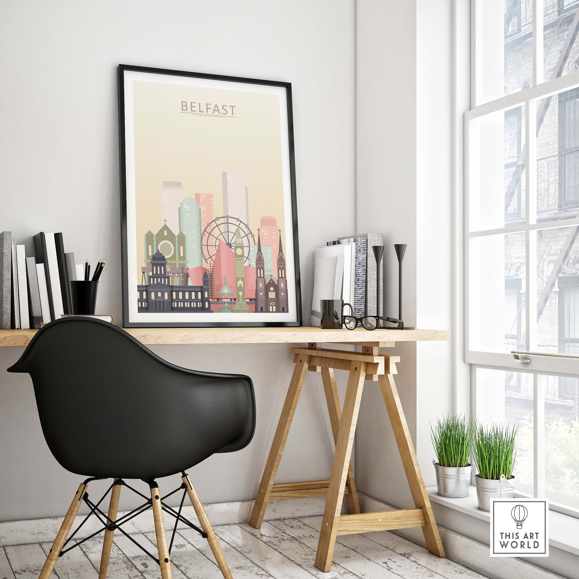 Belfast skyline print displayed in a stylish office setting, combining pastel tones and iconic architecture for wall decor.
