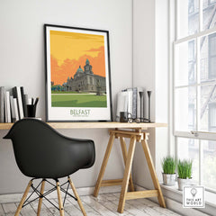 Belfast travel poster displayed in a stylish home office with natural light and modern decor.