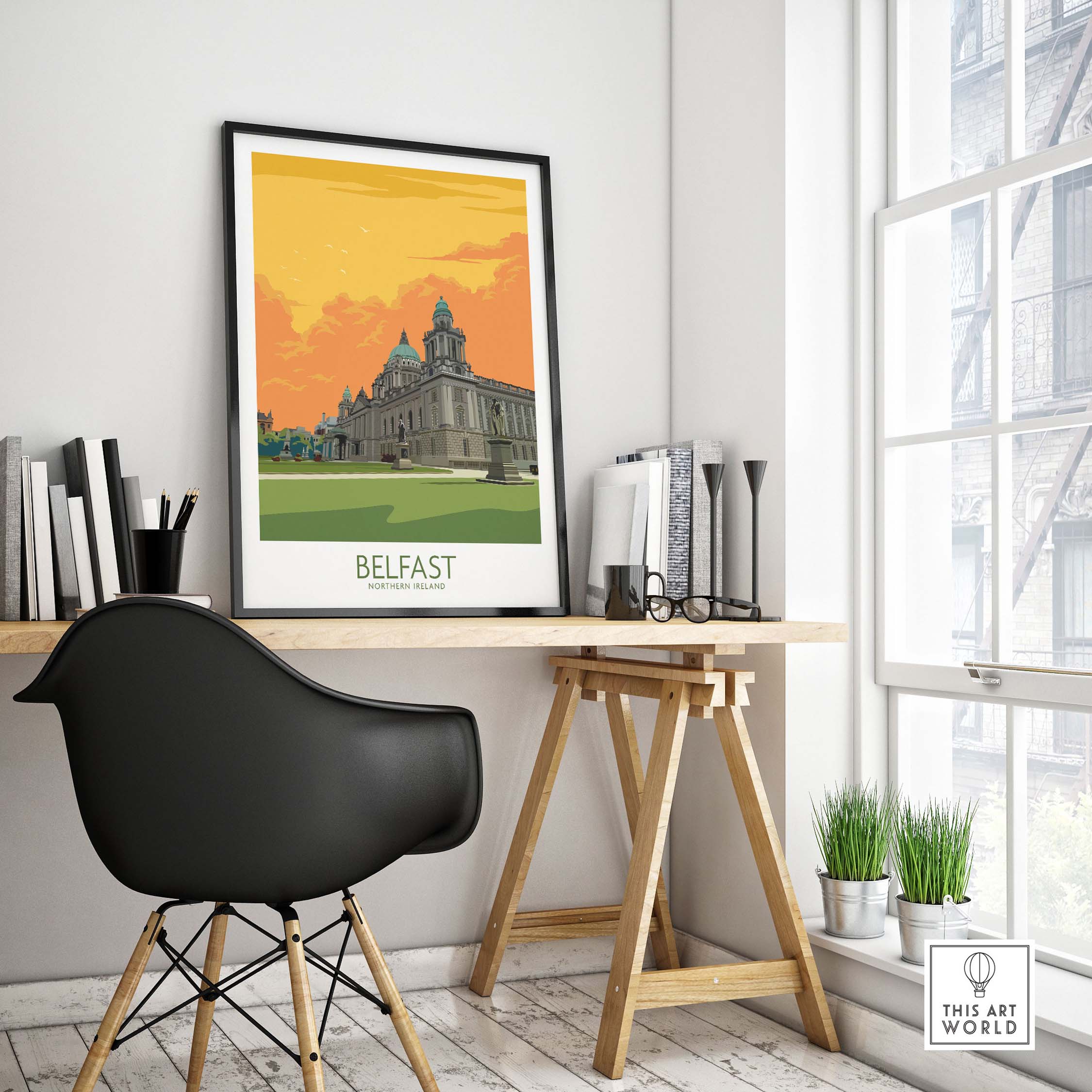 Belfast travel poster displayed in a stylish home office with natural light and modern decor.