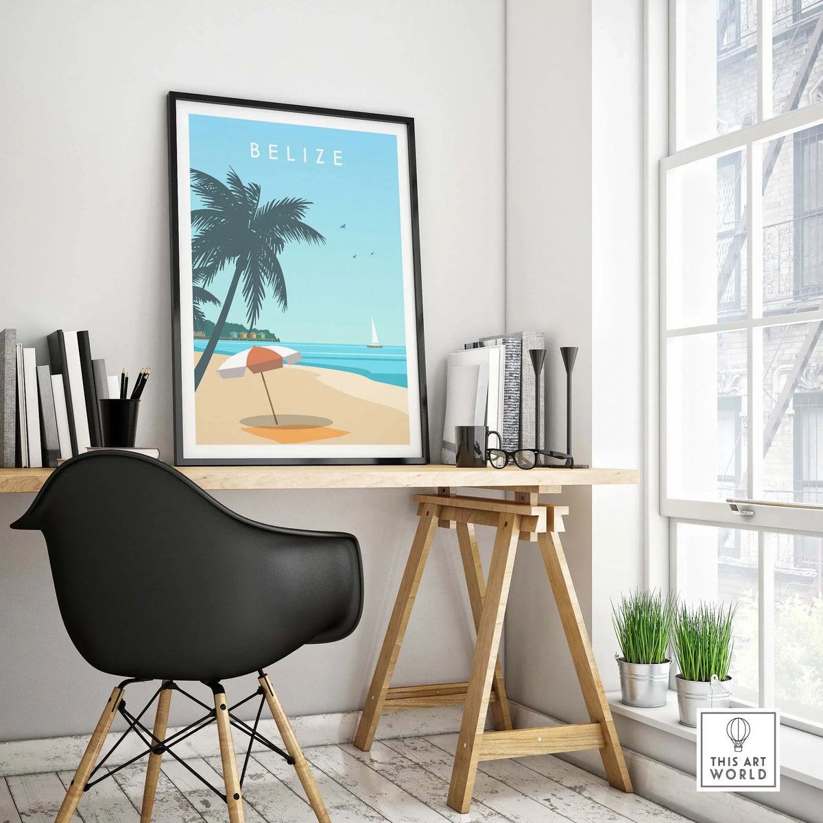 Framed Belize Print travel poster showcasing a beach scene in a stylish home office setting.