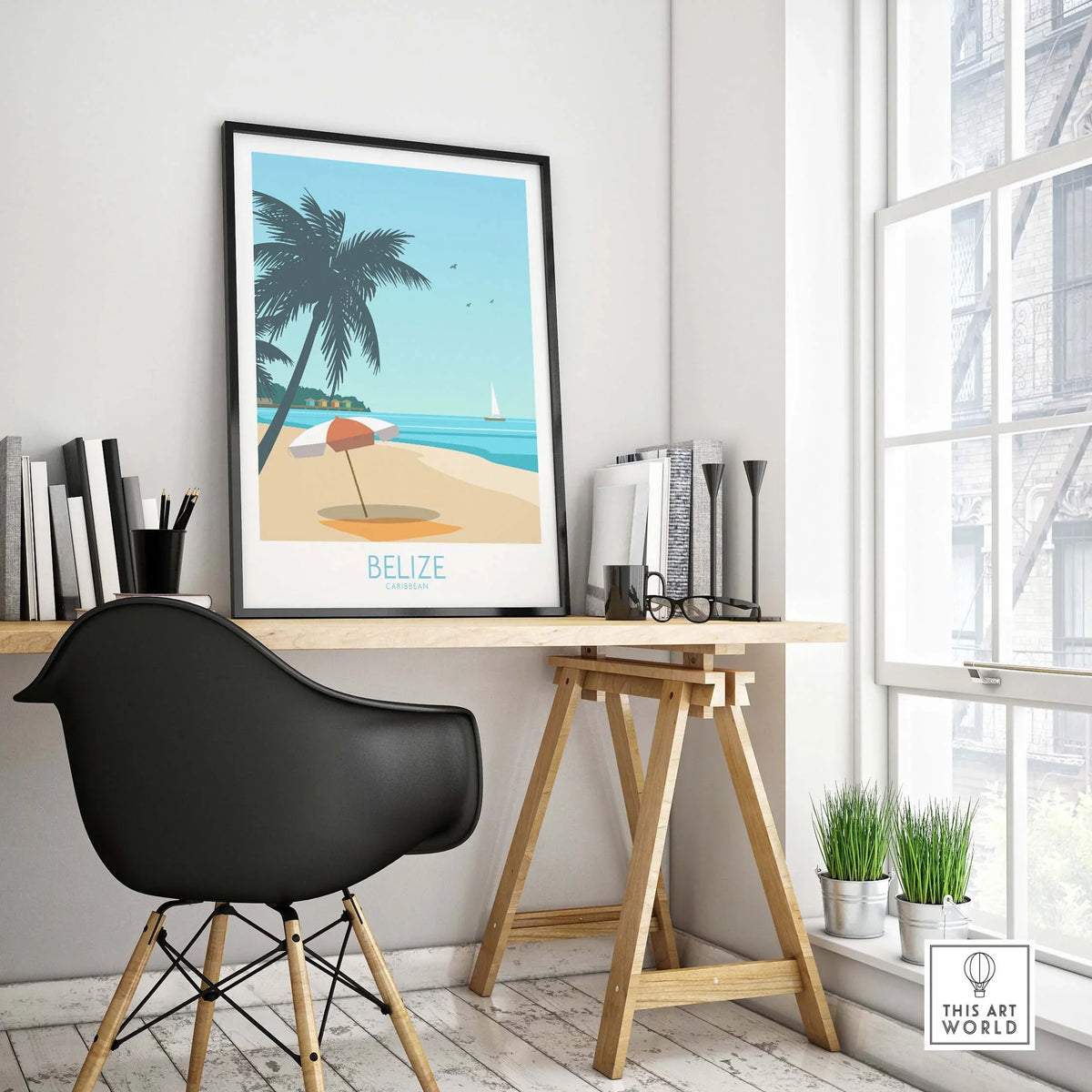 Belize travel poster showcasing a beach scene with palm trees, ideal for home or office wall art.