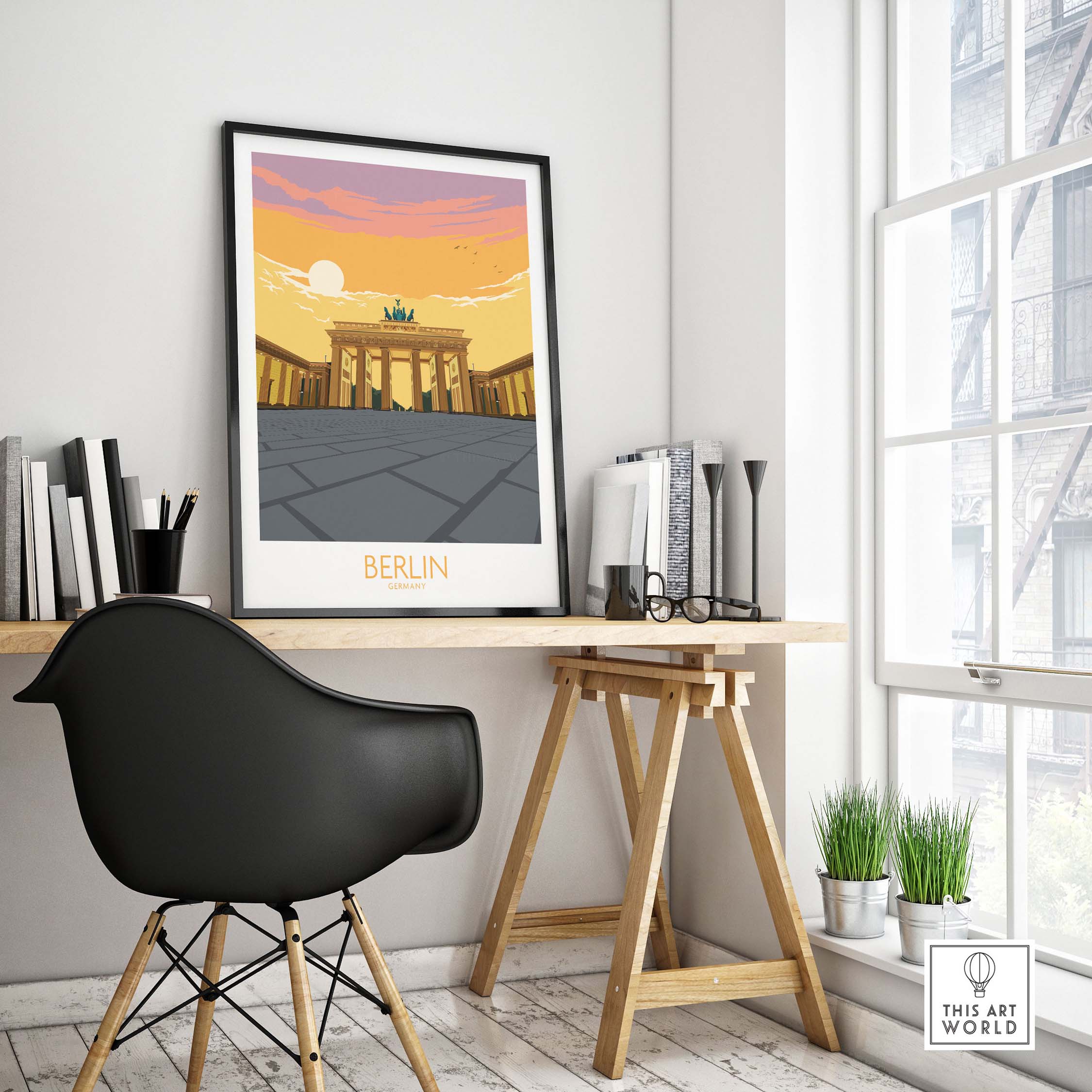 Berlin Print Germany Travel Poster in a stylish home office setting, featuring iconic Brandenburg Gate design.
