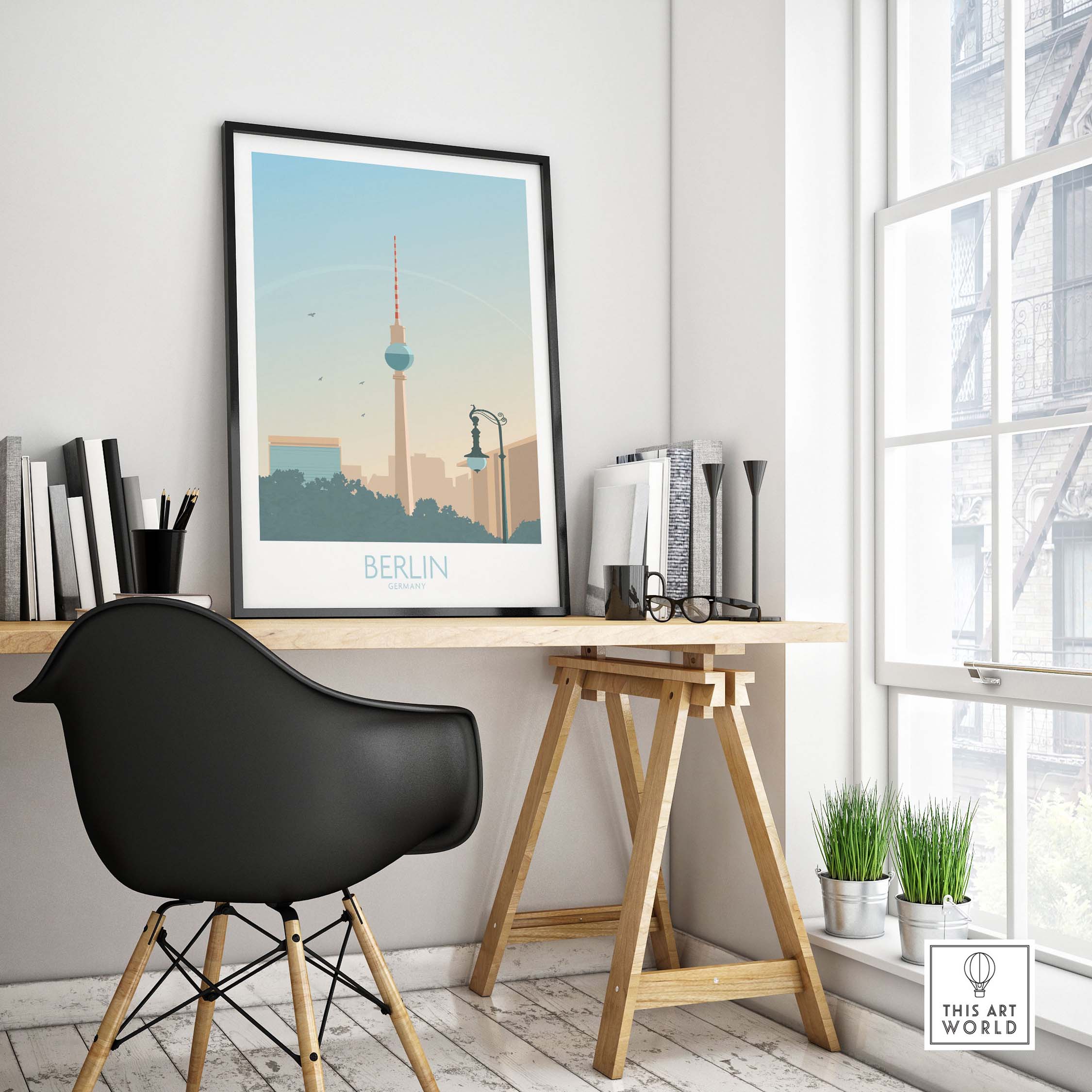 Berlin Poster Print displayed in a stylish office, showcasing vintage travel art inspired by Berlin, Germany.