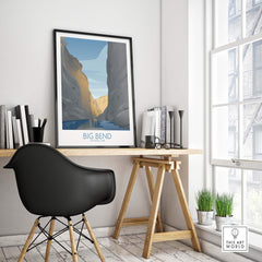 Big Bend National Park art print displayed in a modern office setting, showcasing minimalist design and vibrant colors.