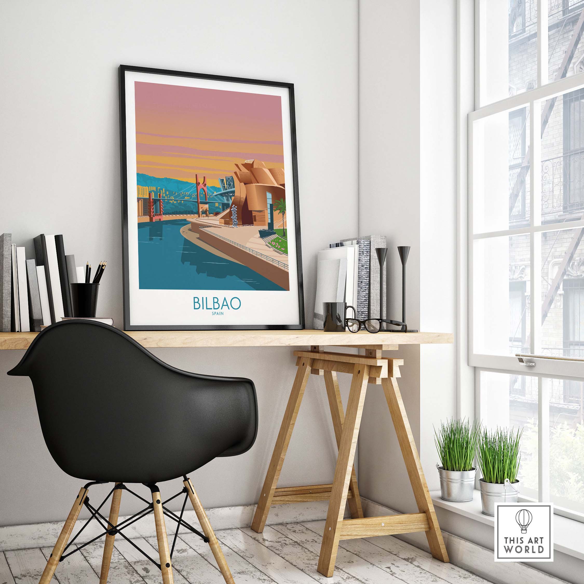 Bilbao Poster - Spain Print displayed in a minimalist home office setting, inspired by vintage travel art.