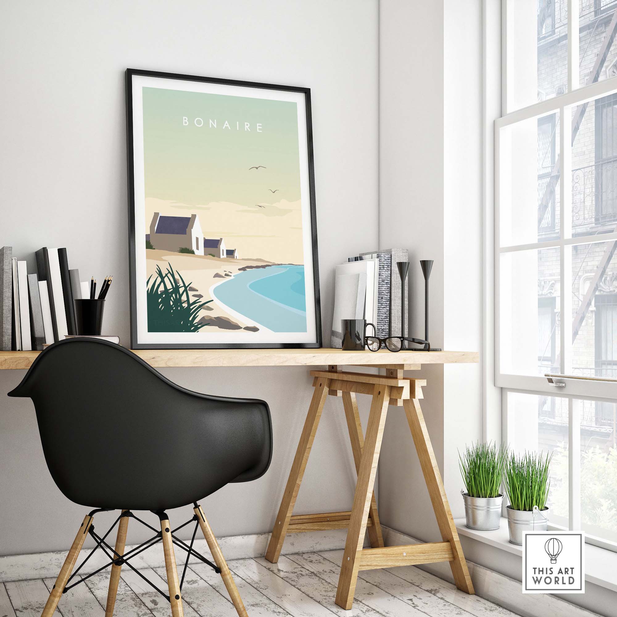Bonaire travel poster print in a minimalist home office setting, showcasing Caribbean beach inspiration.