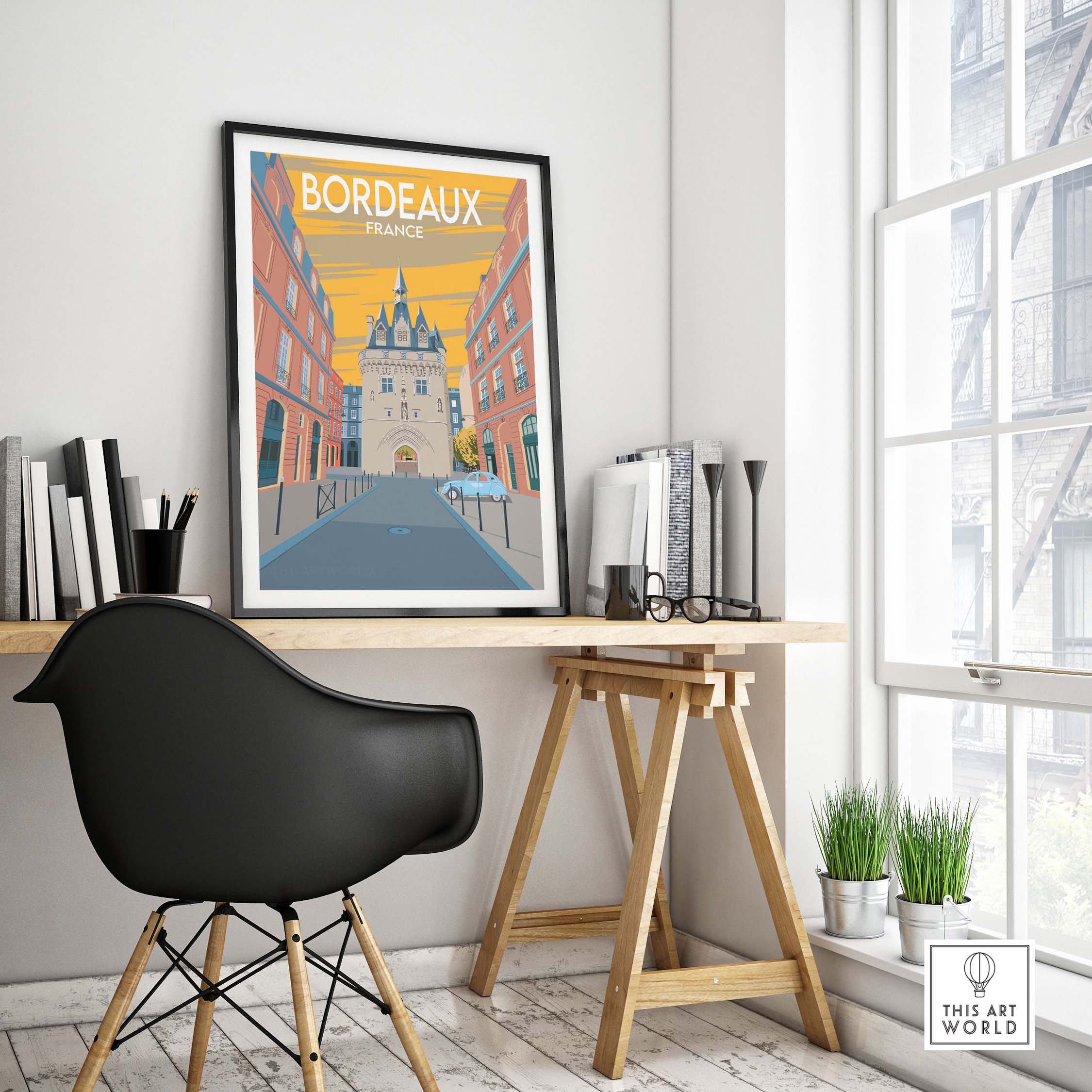 Bordeaux Poster Print in stylish home office setting, showcasing vintage travel art from France.