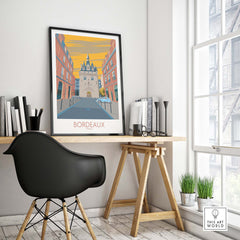 Bordeaux travel poster art displayed in a stylish home office with modern furniture.
