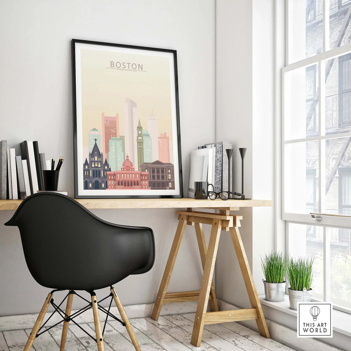 Boston Skyline Poster displayed in a modern home office with a stylish chair and desk, showcasing pastel city art.
