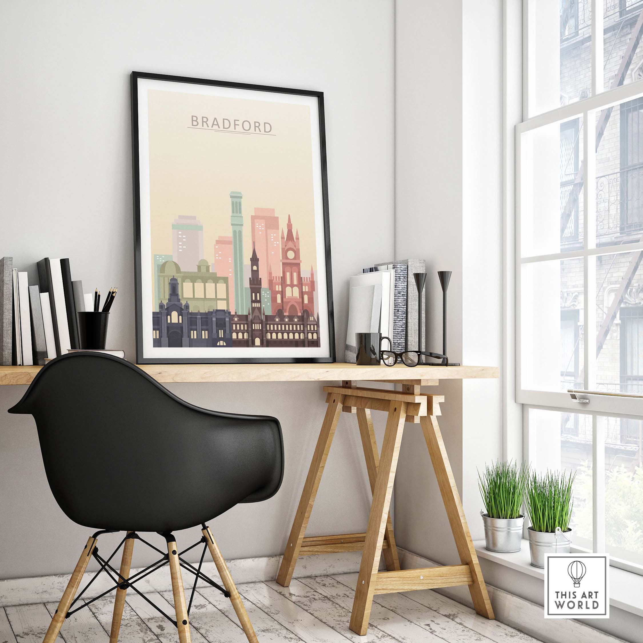 Bradford Print City Skyline Poster displayed in a modern workspace with stylish decor and natural light.