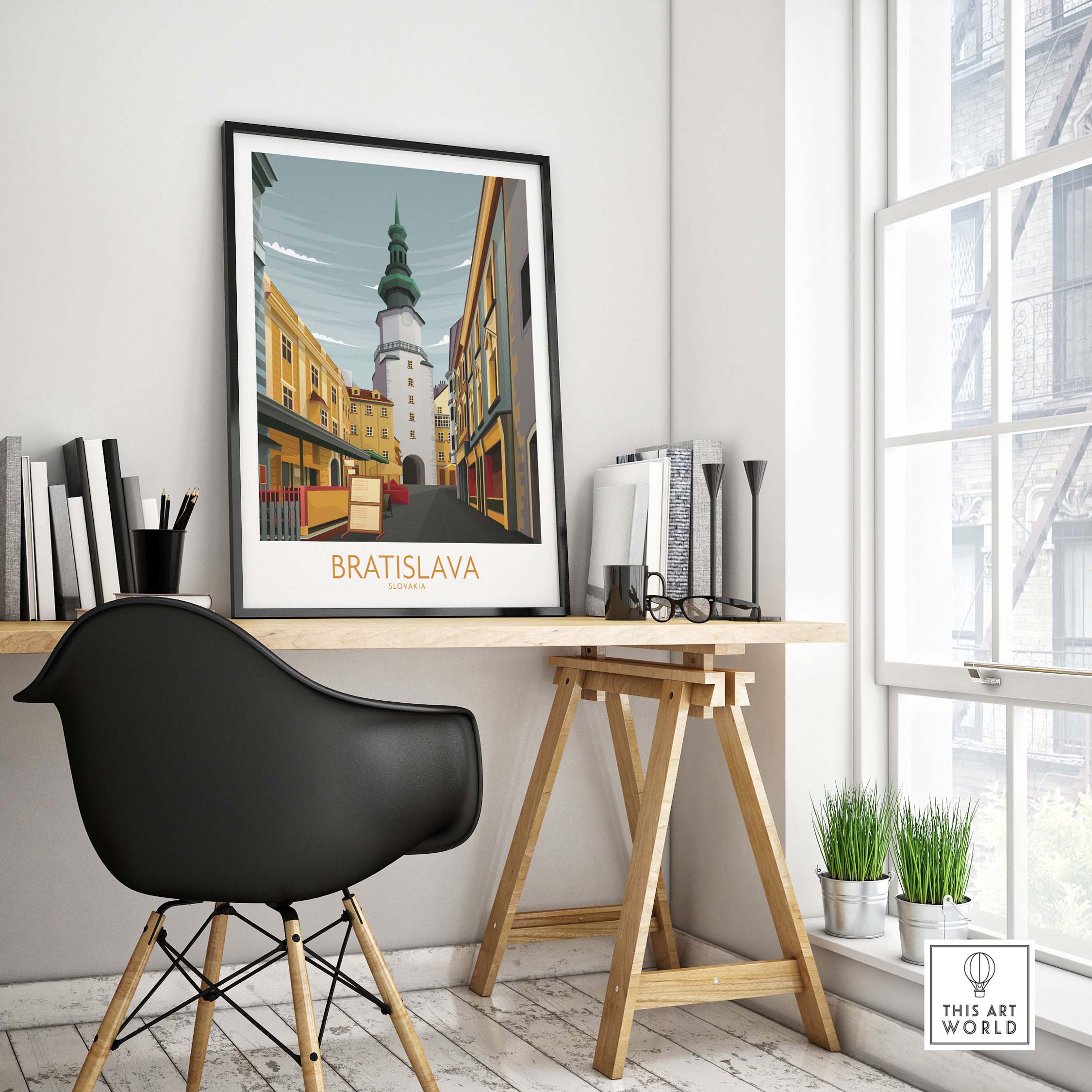 Bratislava Art Print displayed in a stylish home office, featuring vintage travel poster design.