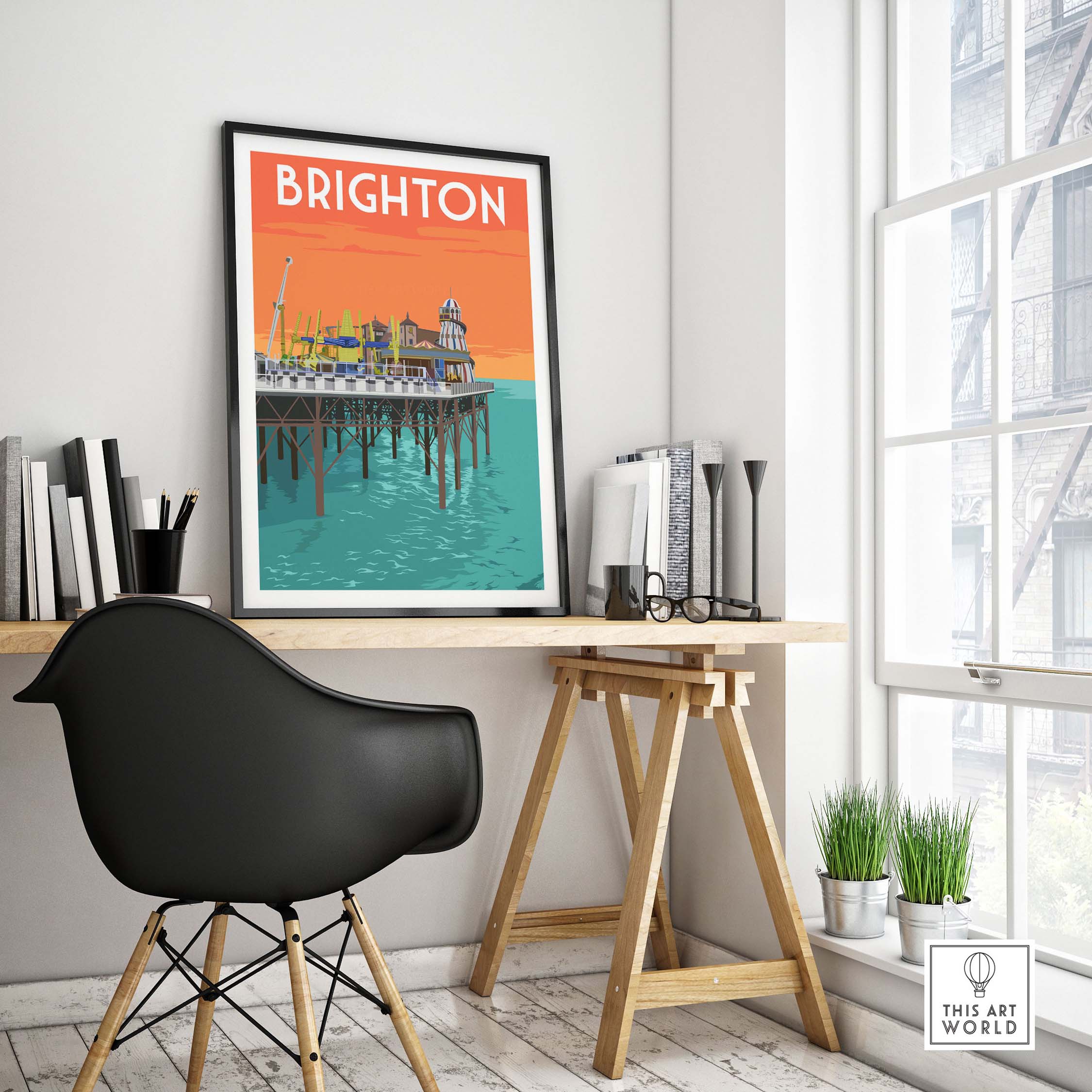 Brighton vintage print poster wall art displayed in a stylish office setting with modern furniture.