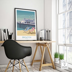 Brighton Print travel poster displayed in a minimalist office setting, showcasing vintage beach vibes and nostalgia.