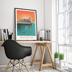 Brighton Pier poster displayed in a stylish workspace, showcasing vibrant coastal art for home or office decor.