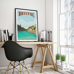 Vintage Bristol Print Poster featuring Clifton Suspension Bridge in stylish home office decor.