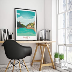 Bristol travel poster featuring Clifton Suspension Bridge in a stylish office setting.