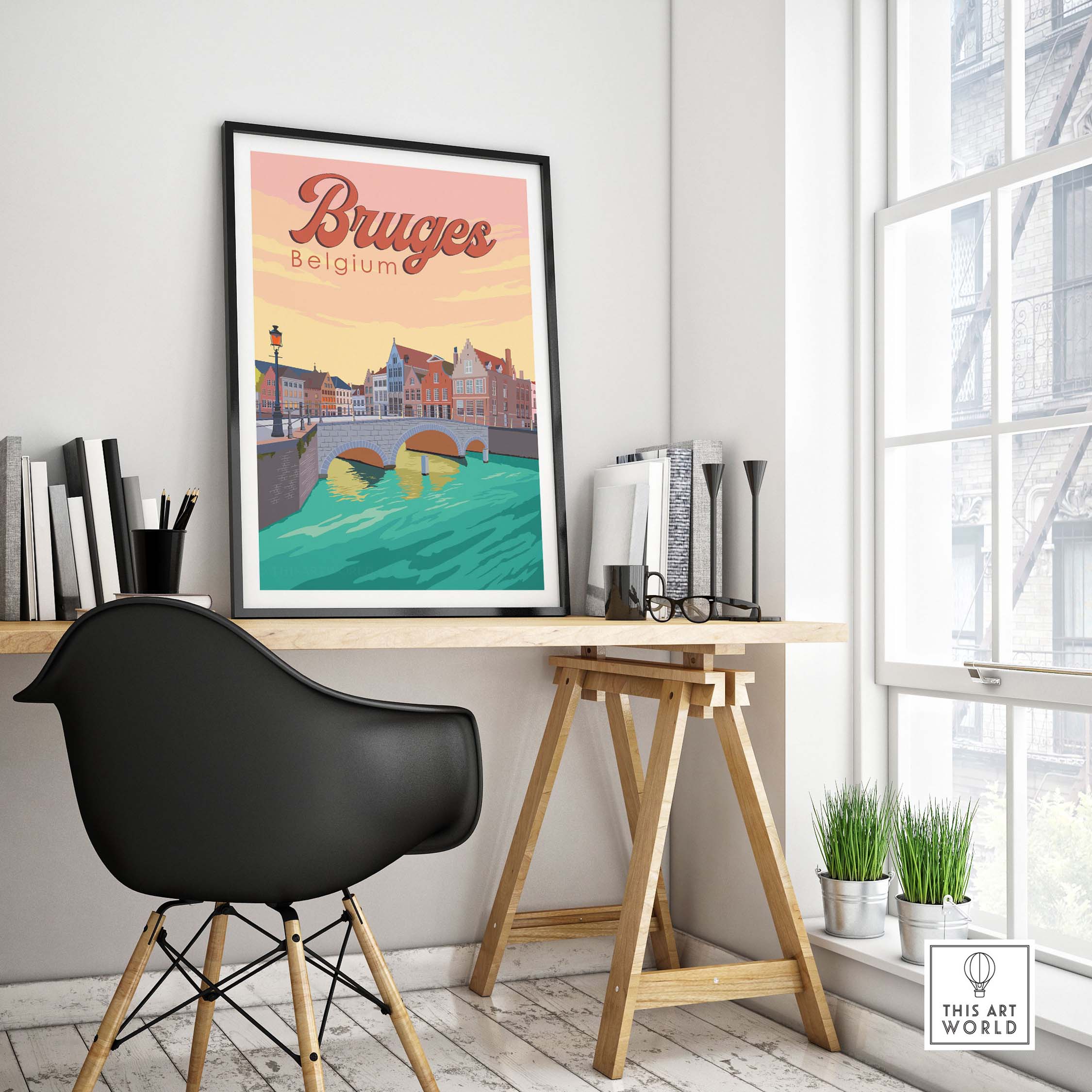 Vintage Bruges print poster artwork displayed in a stylish home office setting with bridge and water view.