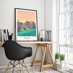 Bruges Belgium Poster displayed in a stylish workspace, showcasing vintage travel art inspiration.