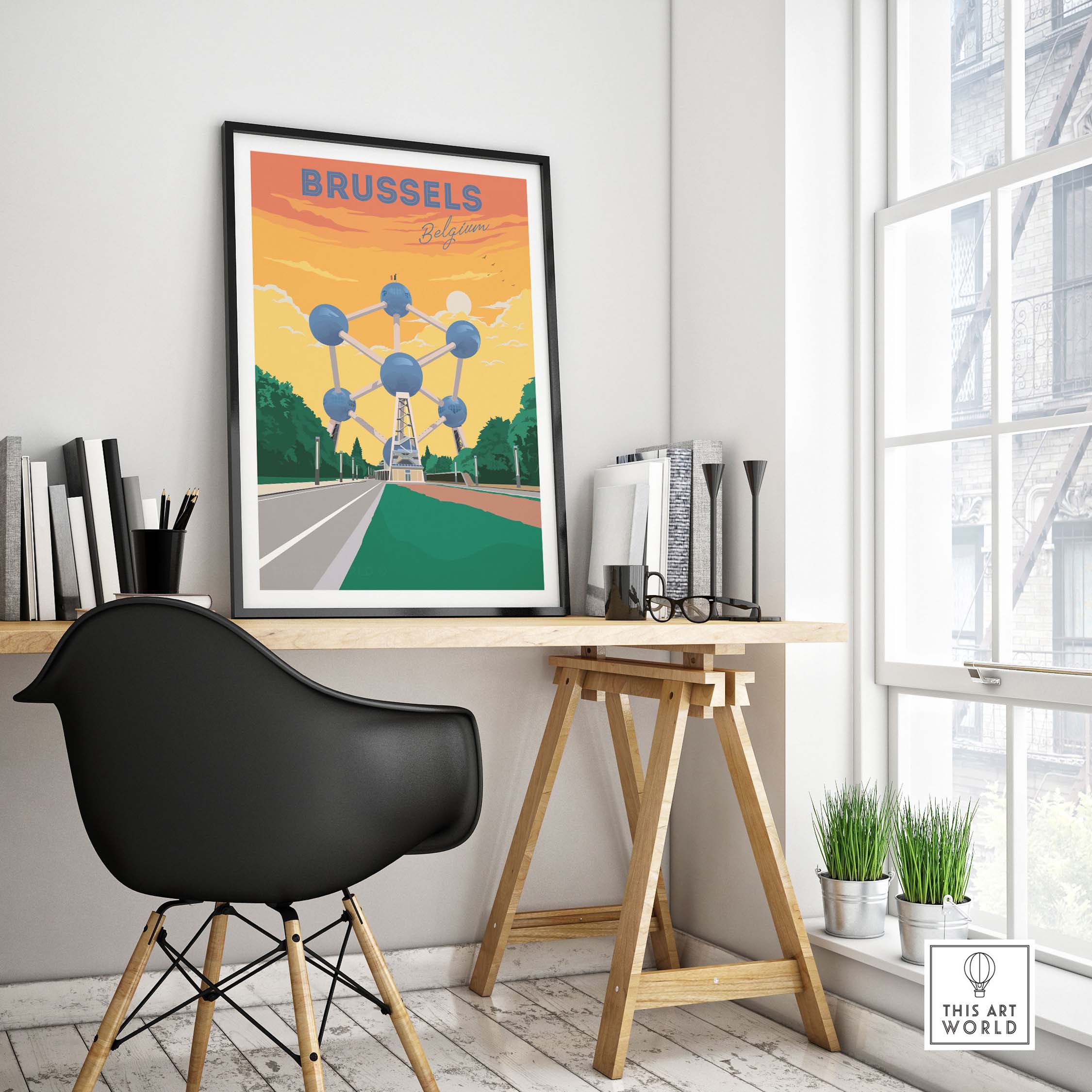 Brussels travel poster displayed in a modern office setting, showcasing vibrant colors and city landmarks.