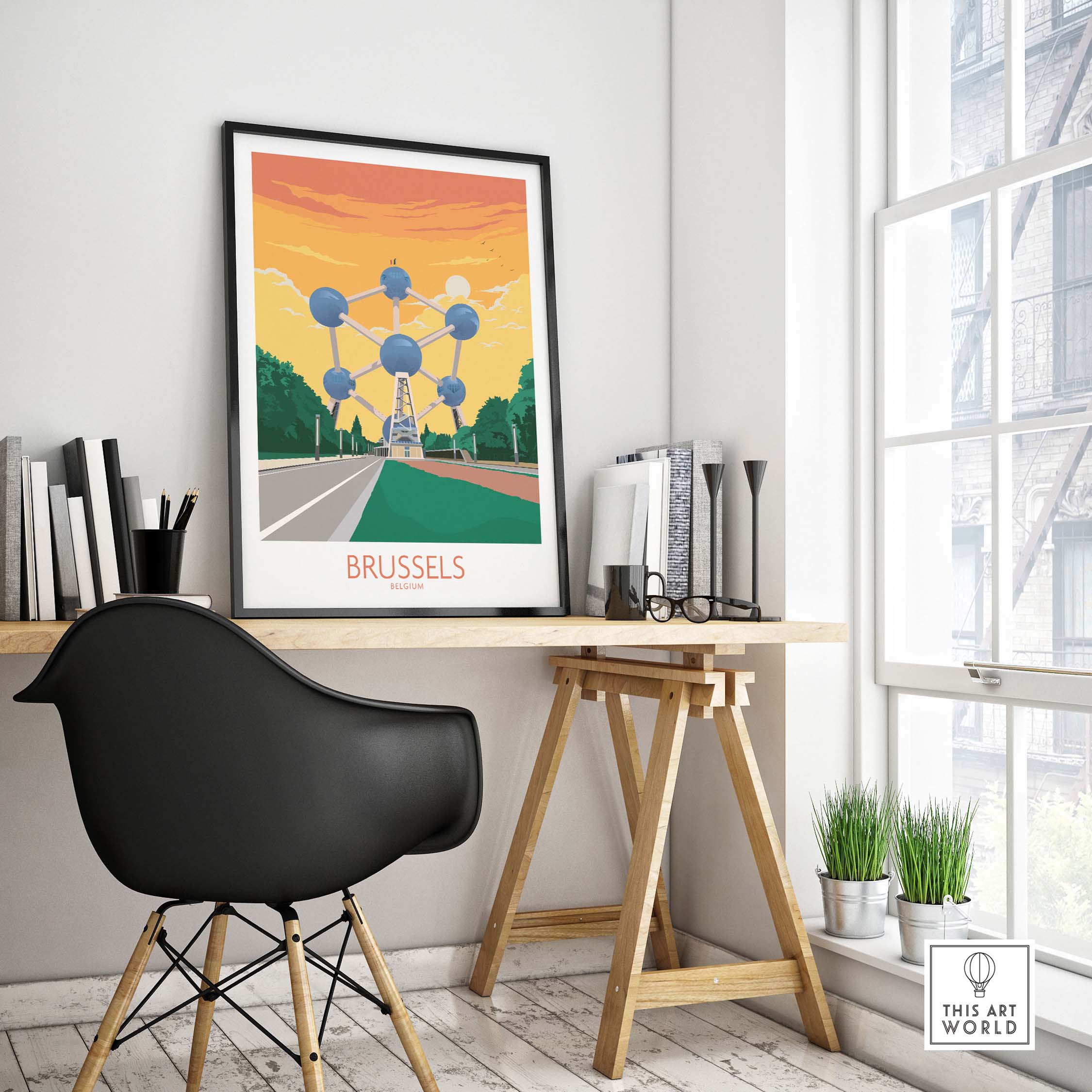 Brussels travel poster print displayed in a stylish office setting, showcasing vibrant colors and iconic landmarks.