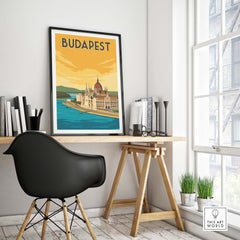 Budapest vintage travel poster art in a stylish home office setting, showcasing iconic architecture and serene ambiance.