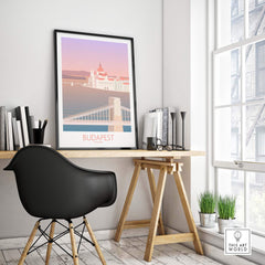 Budapest print featuring Chain Bridge and city skyline, displayed in a stylish home office setting.