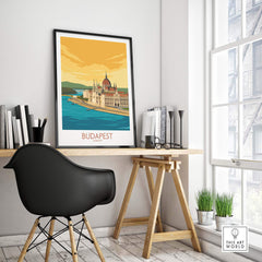 Budapest poster displayed in a stylish workspace, showcasing nostalgic travel art for home decor.